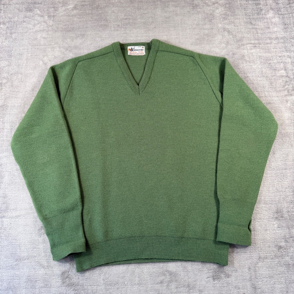 Warren Knit Sweater Mens Medium Green Wool Blend Ribbed Trim Canada Vintage 70s